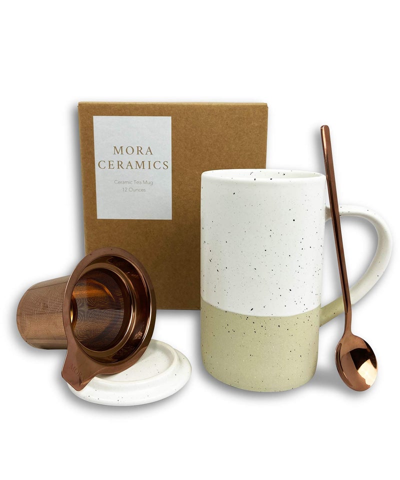 Mora Ceramics Tea Cup with Loose Leaf Infuser, Spoon and Lid, 12 oz, Microwave and Dishwasher Safe Coffee Mug - Rustic Matte Ceramic Glaze, Modern Herbal Tea Strainer - Great Gift for Women, Limestone - Image 1